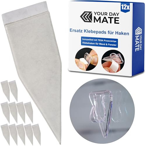 Ersatz Klebepads, 12 Stück, Durchsichtig, kompatibel mit tesa Powerstrips Klebehaken, 47 x 15 mm, Klebestreifen für kleine Fensterhaken TE-001115, Dekohaken TE-000485, Aufkleber für Glas, Putz, Tapete