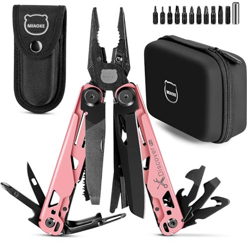 MIAOKE Multiherramienta 23 en 1 con caja de regalo premium, destornilladores, sierra, abridor de botellas, alicates, cuchillo de camping, el mejor regalo para novio, papá, marido (rosa)