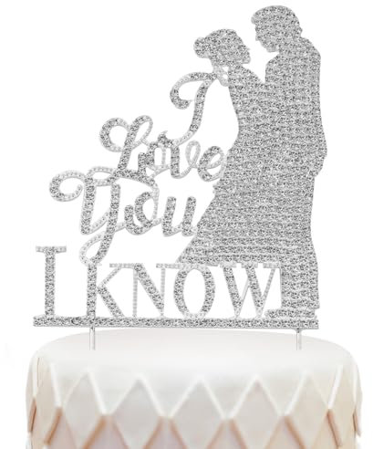 I Know You Love Cake Topper, Zinc Alloy Engagement Cake Topper Rhinestone Shining Wedding Topper for Cake Bride and Groom Cake Accessories for Wedding Anniversary (Silver, Love You)