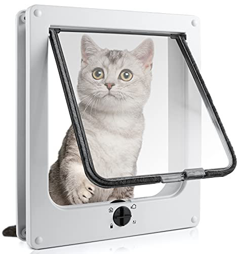 Funzione di commutazione a 4 vie per gatti, ottima qualità, resistente alle intemperie, per porte interne ed esterne, ideale per gatti e cani di piccola taglia, colore bianco, 25 x 29 x 5,5 cm