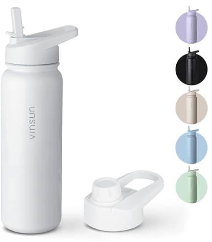 Vinsun Botella Agua Acero Inoxidable 750ml - Botella Termica con Pajita (2 Tapas) - sin BPA, Doble Pared, sin Fugas - Cantimplora Termica para Deporte, Oficina, Viaje