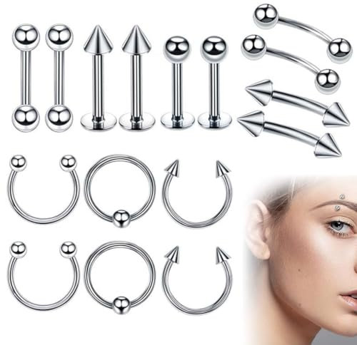 XURJUMI 16pz Piercing Colore Acciaio Chirurgico Piercing per Il Corpo Stud Barbell per Sopracciglia Lingua Naso Ear Lip capezzoli Sopracciglio elica Trago Cartilagine Anello(1.2 * 10MM)