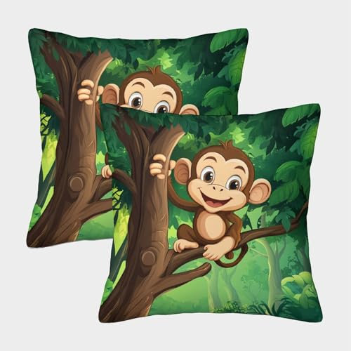kaiyun Kleiner AFFE Weicher Kissenbezug 45x45cm 2er-Pack Kissen Modern Autotoon Background Wald Quadratischer Sofakissen Dekokissen Wohnzimmer Bett