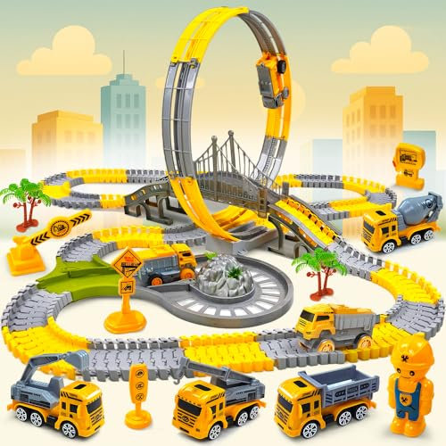 Autorennbahn Baustellen-Rennbahn mit Looping & Konstruktionswagen – Kreativer Spielspaß für kleine Baumeister Spielzeug für Kinder ab 3 Jahren