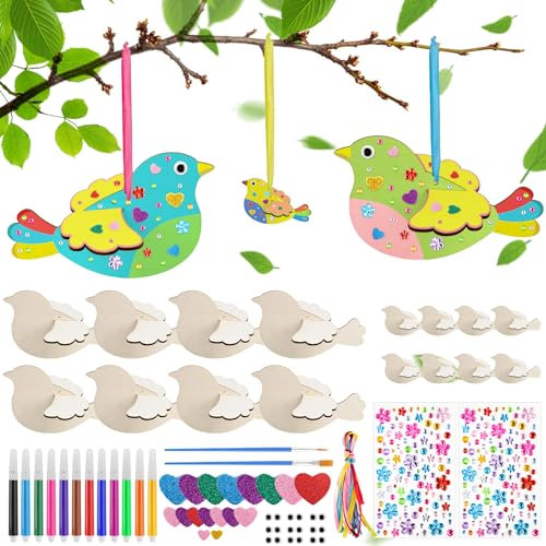 MINISOISO 16 Stück 3D Vögel Windspiel Bastelset Basteln Kinder in 2 Größen, Vögel Bastelset Holz DIY Kinder Handwerk Bastelsets für Frühling, Geburtstag Spielzeug Geschenk für Jungen und Mädchen