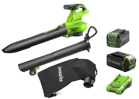 40V Akku-Laubsauger/Laubbläser Greenworks mit bürstenlosem Motor GD40BVIIK2X, 370 km/h, 14.17 m³/min, 45L Fangsack, 3 Jahre Garantie und 5Ah Akku & Universal Ladegerät +Bonus 4Ah Batterie