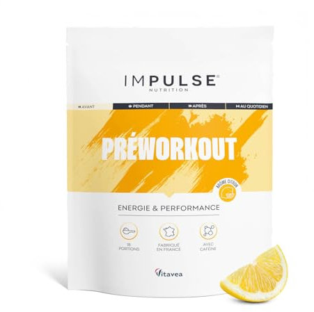 Preworkout poudre Citron 350g - Pre Workout avec Caféine 200mg, BCAA, Arginine, Citrulline, Acides Aminés - Complément Alimentaire Énergie, Endurance, Focus µ- Fabriqué en France - IMPULSE NUTRITION