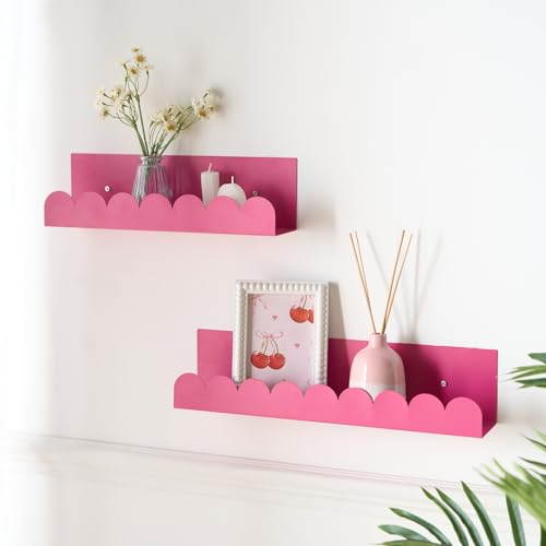 OHS Floating Shelves for Wall, Set of 2 Scallop Wall Shelves Decorative Bright Pink Floating Shelf Storage Organizer Display Shelf for Bathroom Bedroom Living room Kitchen