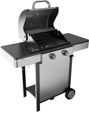 Black+Decker – Barbecue à gaz BXOG7200F | 2 brûleurs 3,6 kW | Grille en fonte | Nettoyage facile | Thermomètre inox | Zone de cuisson flexible | Roulettes pivotantes