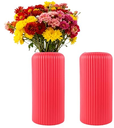 Fyfjur Vase Kunststoff, 2 Stück Blumenvase Rot, Vasen Modern Gestreift Langlebig für Wohnzimmer, Büro, Hochzeitsdekoration (20 X 10cm)