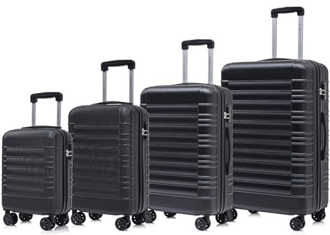 YONSLY Koffer Suitcase Set, Trolley Reisekoffer, Rollkoffer Handgepäck, Kofferset, Gepäckset mit 360° Rollen, Hartschalenreisekoffer, Zahlenschloss, Weicher Gummigriff (4er Set, S,M,L&XL, Schwarz)