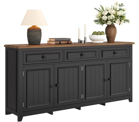 kozamas Anrichte Schwarz mit 7 Aufbewahrungsfächern, Sideboard 160cm mit verstellbaren Regalen, Moderner Kommode mit 4 Türen 3 Schubladen für Wohnzimmer, 160x35x76 cm