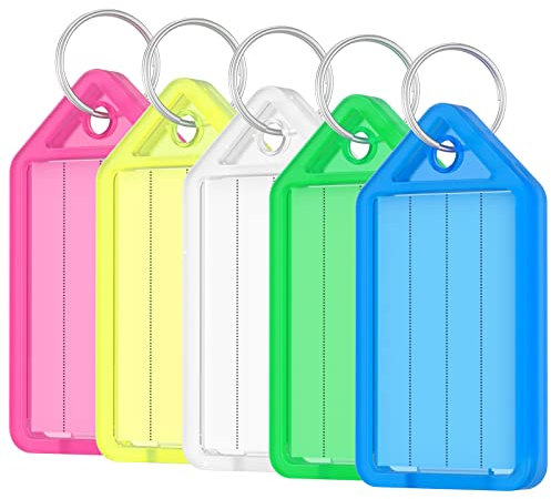 Uniclife 20 Pieces Key Tags 5 cm Plastic Key Chain Tags with Ruled Blank Paper Labels Transparent Covers and Split Rings Sturdy Item Identifiers, 5 Colors
