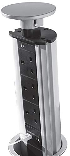 Pop-up 3 Gang Mains Power Extension Tower | Silver | 3 Way Plugs & 2X USB Charging Ports | Hidden Flush Recess Retractable Mounted Pull Up Sockets | Kitchen Worktop & Office Desk | Loops
