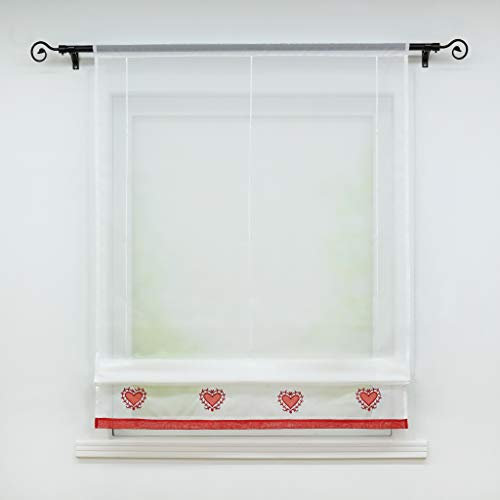 Joyswahl Voile Raffrollo Transparente Raffgardine mit Stickerei Herzen Muster »Eugenie« Schals Fenster Vorhänge BxH 80x155cm Rot mit Tunnelzug 1er Pack