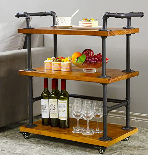 DOFURNILIM Industrie-Barwagen/Servierwagen/Küchenwagen/Weinregalwagen auf Rädern mit Aufbewahrung – Industrie-Rollwagen – Wein-Tee-Likör-Regale/Halter – Massivholz und Metall Heimmöbel