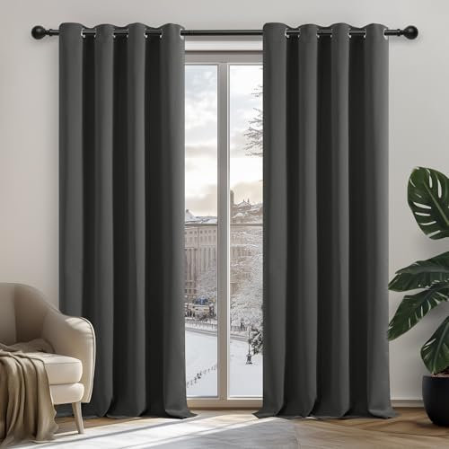 Deconovo Blickdicht verdunklungsvorhänge mit Ösen Thermovorhang Kälteschutz thermo gegen Kälte Thermogardine Hitzeschutz, 270x140 cm(HöhexBreite), Dunkelgrau, 2er Set