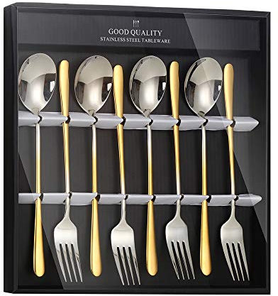 Buyer Star 18/10 Edelstahl-Esslöffel und Gabeln, schrittweise Veränderung, goldfarben, langer Griff, Löffel, Gabel-Set, Farbverlauf, Besteck-Set mit schwarzer Geschenkbox, 4 Löffel und 4 Gabeln