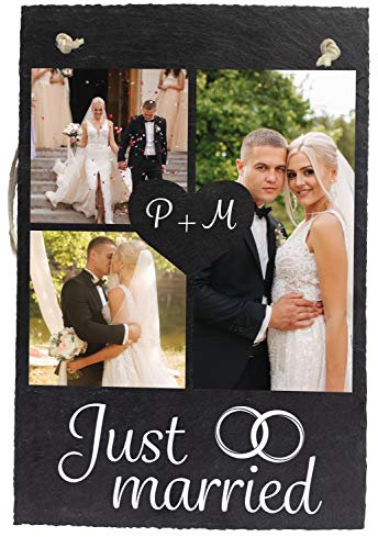 wandmotiv24 Schiefertafel Hochzeit Just Married, Aufhängeschild mit Strick, Personalisierbar Digitaldruck 3 Farbfotos + Initialen, Hochformat 20x30cm, Hochzeitsgeschenk Brautpaare, Türschild