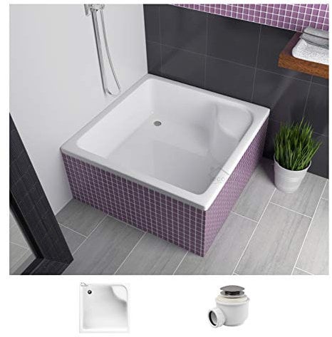 ECOLAM® Duschwanne tiefe Duschtasse Viereck Dante mit Sitz 80x80 x 41 x 28 cm zum Verfliesen Styroporunterseite + Siphon Click Clack