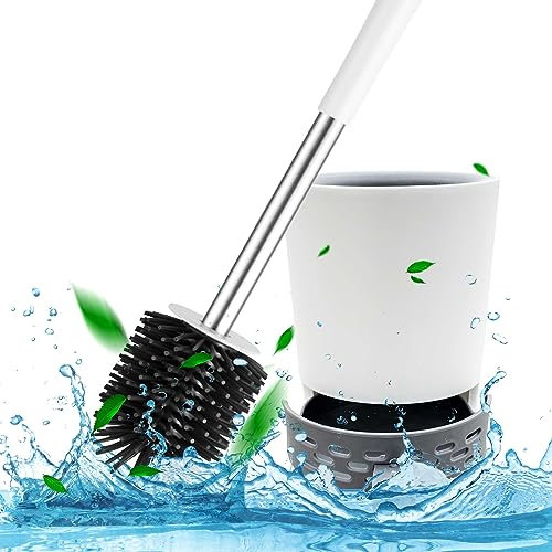 Toilet Brush with Drainage Holder Set,Flex Silicone Anti-Clog Anti-Drip Brush Head, White/Grey Colour with Stainless Steel Handle, 1-Pack