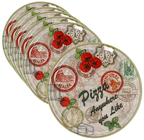 MamboCat Juego de 6 platos para pizza Moskau, color verde, diámetro de 33 cm, grande, para 6 personas, platos con motivos y texto, decorados, para pizzas o para servir