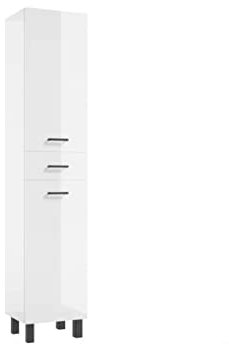 VBChome Badmöbel Hochschrank 170x35x30 cm Weiß Stehend Badezimmer Schmaler Badschrank Stehend 2 Türen 1 Schublade Hochglanz Modern Elegant Funktionell Selbstmontage