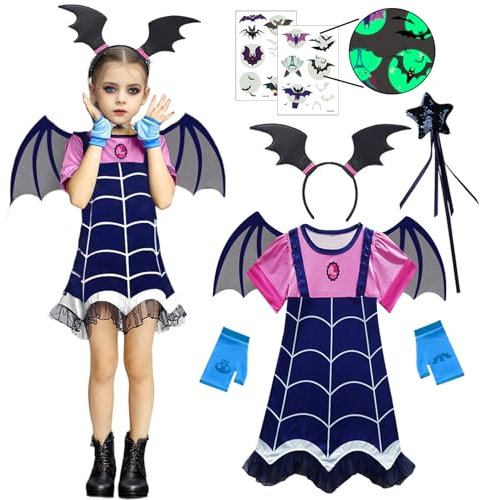 Amycute Déguisement Vampirina Halloween Enfants Costume Vampire Carnaval Filles Robe Ailes Noire Serre-tête Chauve Souris Squelette Déguisement Sorcière Halloween Fille (130)
