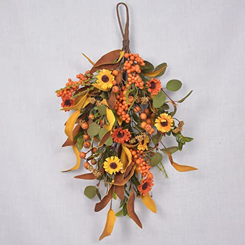 MISNODE 19.7 Fall Sunflowers Pumpkins Maple Leaves Berries Harvest Swag, Autumn Hanging Teardrop Garland for Front Door Thanksgiving Halloween Decor