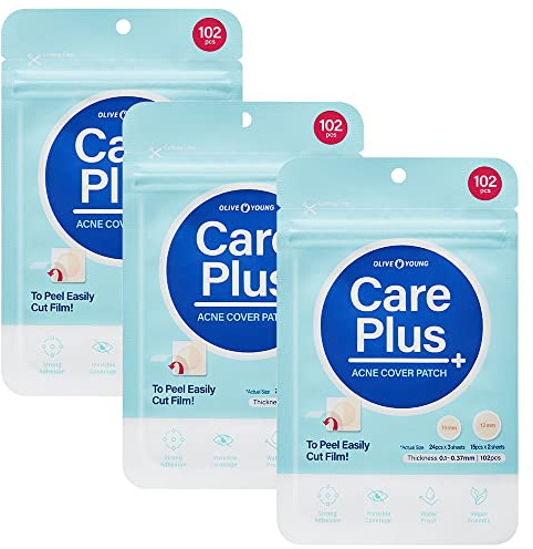 Olive Young Care Plus Spot Patch 3 Pack | Hydrocolloid Acne Korean Spot Patch to Cover Zits, Pimples and Blemishes, for Troubled Skin and Face (306 Count - 10mm*216ea + 12mm*90ea)