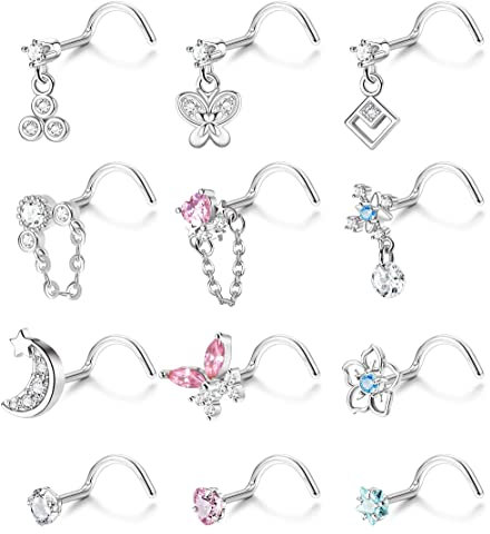Morfetto 12 Pcs 20G Dangle Nose Rings Studs for Women Surgical Steel L Shaped Screw Nose Rings for Women Heart Moon Star Flower Butterfly CZ Dangling Nose Piercing Jewelry S+silver