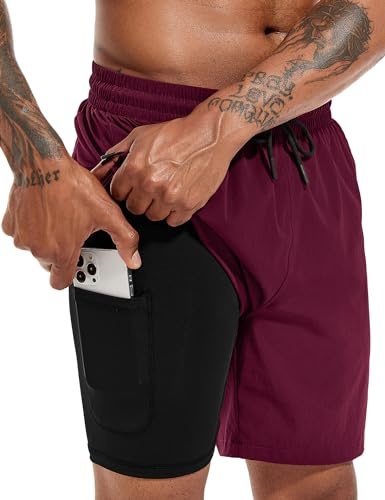 Atforna Badehose Herren Lang 2 in 1 Badeshorts mit Kompression Schnelltrocknend Atmungsaktiv Swim Shorts mit Reißverschlusstasche Verstellbar Tunnelzug