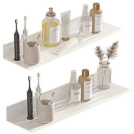 Biutimarden Mensola Doccia Senza Foratura,2 Pezzi Acciaio Inox Portaoggetti Doccia con Foro di Drenaggio Autoadesivo Mensole Organizer Bagno(40CM,Bianco)