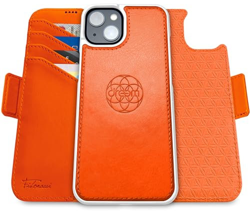 dreem for iPhone 15 Plus Case Wallet, Revolutionary Phone Stand, Vegan Leather, MagSafe-Fit, Magnetic Detachable Flip Cover, RFID Blocking Card Holder, Gift-Box [Fibonacci:Orange]