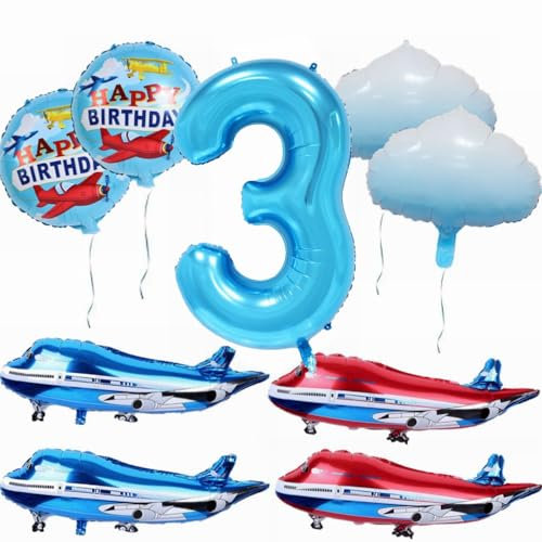 Yunchu Online 3. Flugzeug Geburtstag Dekoration - Großer Blauer Rot Ballon, Cloud Folienballons, Party Set für 3. Geburtstag Junge Mädchen