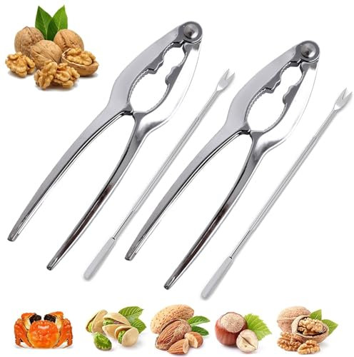 2 cascanueces con 2 tenedores, cascanueces de acero inoxidable, mango antideslizante, adecuado para romper nueces y mariscos