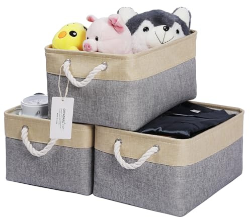 CREADARD Small Storage Box with Cotton Handles, Fabric Foldable Linen Canvas Wardrobe Storage Baskets for Living Room, Laundry Room, Kids Room and Bedroom (GreyBeige 3pcs)