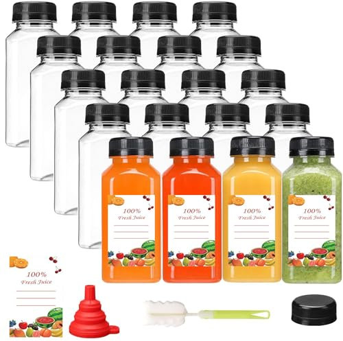 wintfarm 20pcs 8oz/240ml Empty Plastic Juice Bottles with Caps, Reusable Water Bottle, Clear Bulk Drink Containers with Black Tamper Evident Lids for Juicing,Smoothie,Drinking and Other Beverages