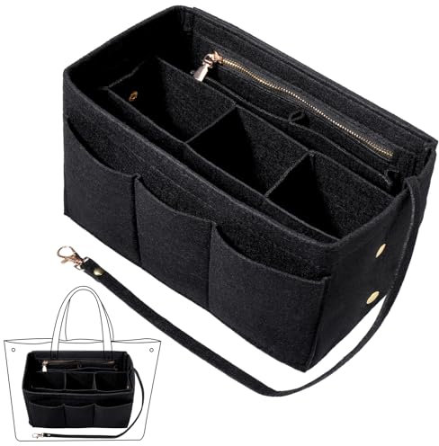 Fentar Handtaschen Organizer, Filz Taschenorganizer mit Mehrere Fächer, Organizer Tasche, Langlebig Taschenorganizer Shopper mit Reißverschluss, Innentaschen für Handtaschen (27x16x15cm, Schwarz)