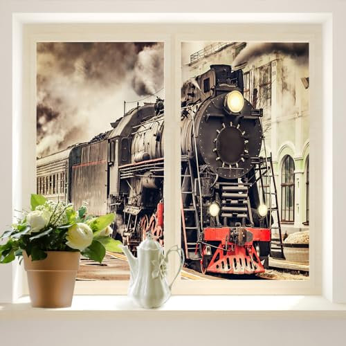 COALHO Fensterfolie im Vintage-Stil, rustikal, Indianer, Western, Bauernhaus, Eisenbahn, Dampflok, geeignet für Wohnzimmer, Küche, Bad, 45 x 60 cm, 2 Stück