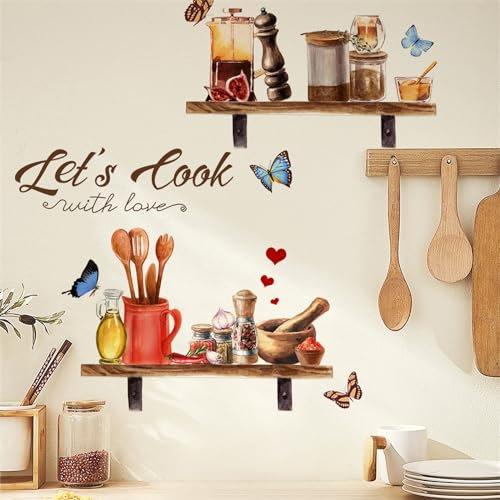 Wandaufkleber, Motiv: sacinora Let's Cook with Love, abnehmbares Vinyl, zum Abziehen und Aufkleben für Küche, Esszimmer, Restaurant, Backzimmer, Bar, Heimdekoration