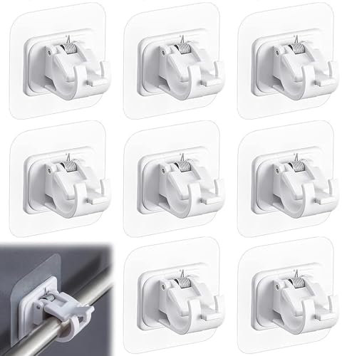 BRITECO Easy Install 8Pcs Self Adhesive Curtain Rod Hooks - No Drill, Stick On Curtain Rod Holders, Secure Wall Curtain Rod Brackets