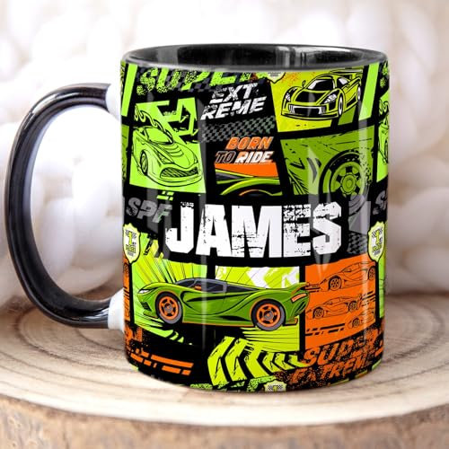 The Whistling Wren Personalised Racing Cars Mug with Name, Boys Cars Coffee Cup, Personalised Mug for Boy, Son, Grandson