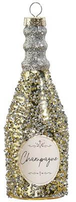 RAZ Imports Glittered Champagne Bottle Ornament, 5-inch Diameter, Glass and Plastic, Christmas, Home Décor