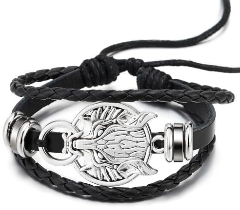 COOLSTEELANDBEYOND Kreis von Wolf, Schwarz Geflochtenes Leder Armband Multi-Strang Leder Wickeln Schweißband Armband für Herren