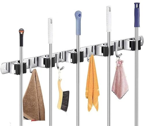 Sipobuy Soporte Para Trapeador De Pared De Acero Inoxidable Con Respaldo Autoadhesivo - Ideal Para Almacenamiento De Cepillos, Trapeadores Y Escobas - Incluye 5 Caballetes Y 4 Ganchos