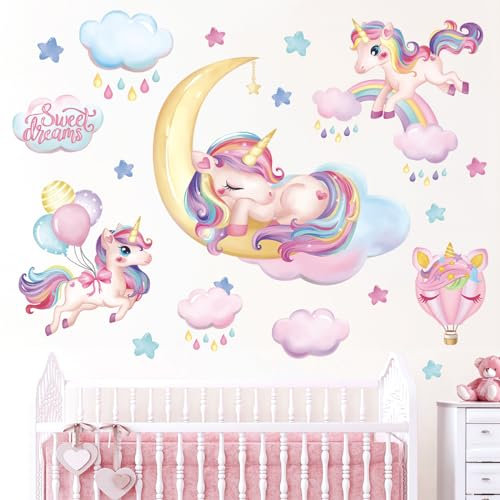 wondever Wandtattoo Regenbogen Einhorn Wandaufkleber Ballon Einhorn auf Mond Wolken Wandsticker Wanddeko für Kinderzimmer Mädchen Babyzimmer Schlafzimmer