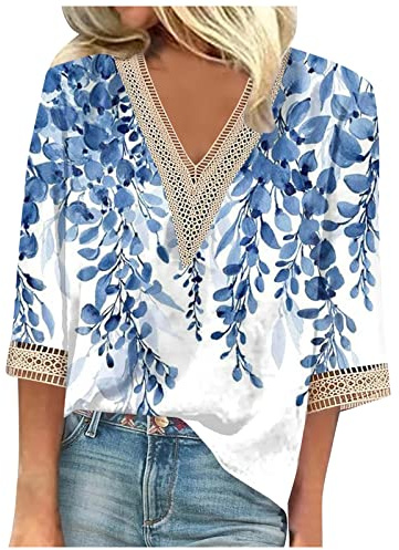 SCBFDI Longshirt Damen 3/4 Arm Tops V-Ausschnitt Spitze Patchwork Blusen | Lieblings-Ballett-T-Shirt Mode Grafik Lounge Tuniken Hippie-Kleidung