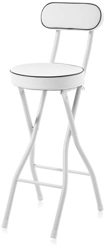 Klapphocker Stuhl 70 cm 75 cm, runder gepolsterter Faltbarer Barhocker mit Rückenlehne und Fußstütze, klappbarer Küchen-Hochstuhl für Pub, Bistro, Garten (weiß, 70 cm)