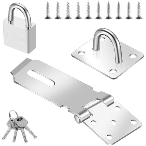 Silber Riegelschloss mit Vorhängeschloss und Schrauben, Edelstahl Vorhängeschloss Haspe Kit Nicht-Verformbares Riegel Schloss für Garten, Schuppen, Schranktür, Garagentor, Schlafzimmer